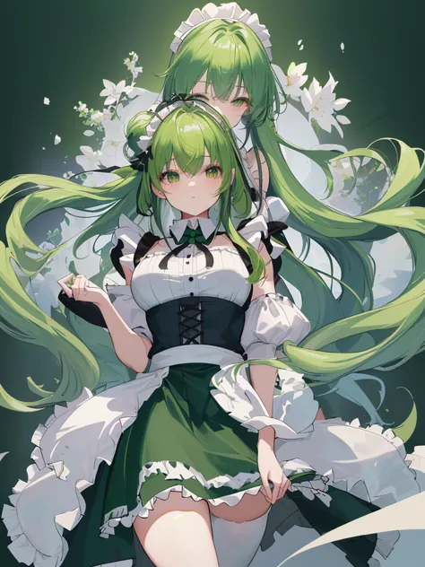  high chroma、masterpiece、top quality、High Resolution、very delicate and beautiful、beautiful breasts、woman１people々、((woman１people々、 solid color background、  hair length above the buttocks 、green hair、thick legal clothing、Skirt、 maid cafe))、huge 、Off Shoulder...