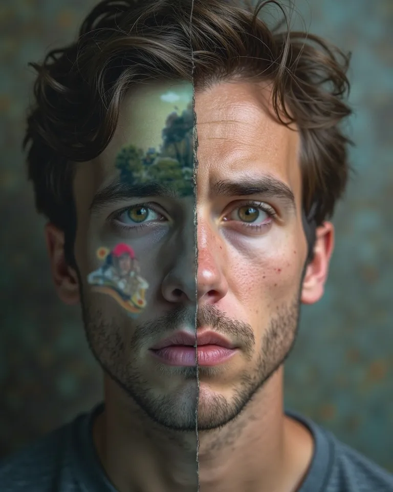  A human face divided into two parts: On one side, the person with a lost look and a blurry scene of a difficult memory in the background;  in the other , his expression is more serene and the images in his mind look clearer and more organized.