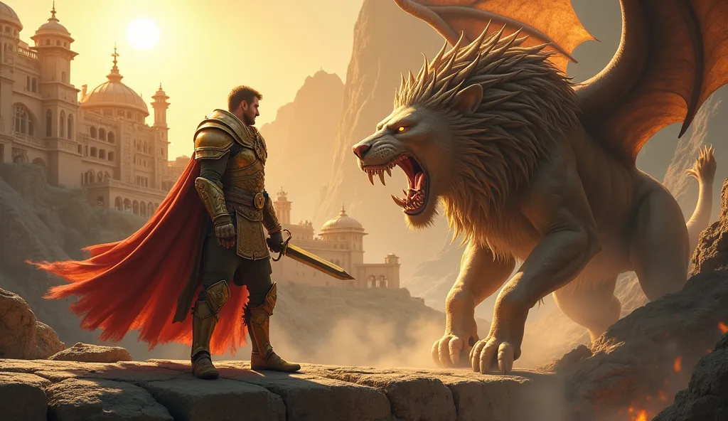 Epic Fantasy Battle – Warrior and Mythical Beast"
A fearless warrior clad in golden armor stands on an ancient stone bridge, gripping his sword, while beside him, a monstrous creature with a lion’s body, dragon-like wings, and a serpent’s head roars in fur...