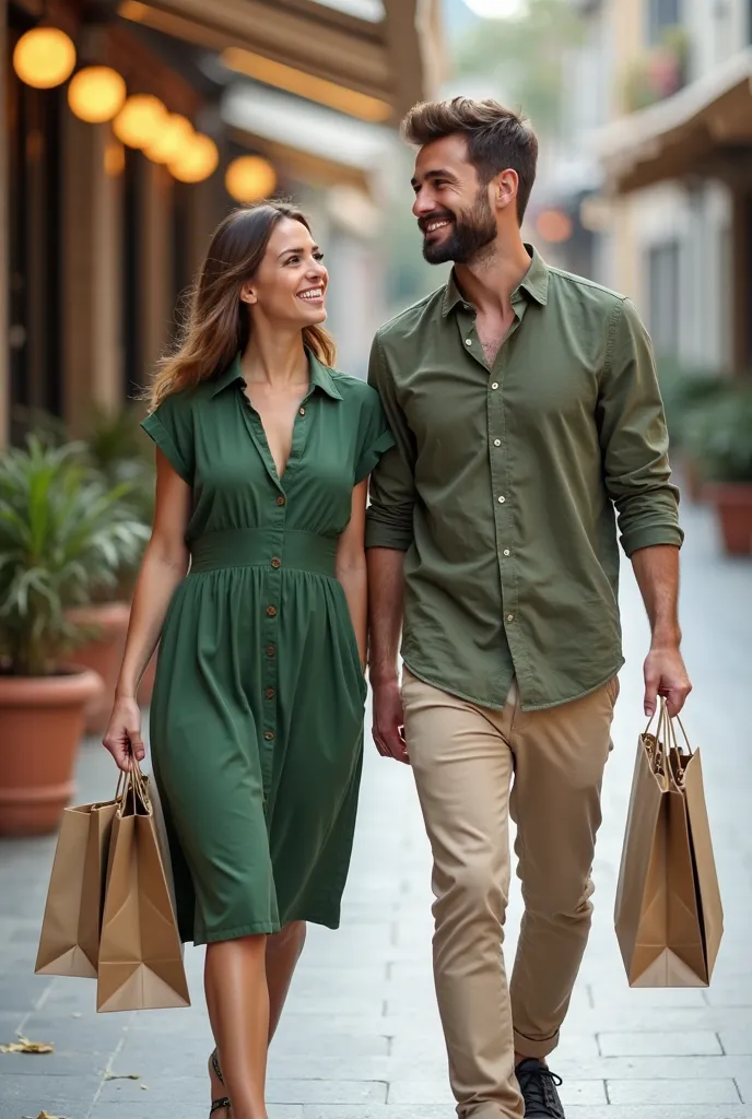 The image shows a young man and a smiling woman walking in an outdoor urban environment, holding shopping bags in both hands. He has short and well-groomed brown hair, well-trimmed beard and an expressive smile. Your skin is clear, and he appears to be in ...