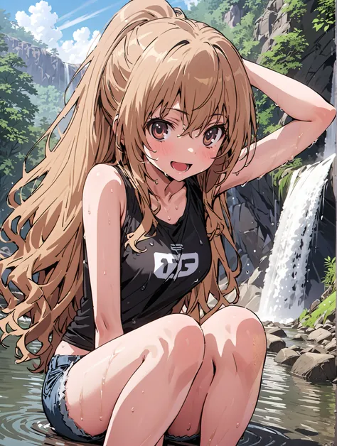 score_9, score_8_up, score_7_up, source_anime,
Taigaisaka, Aisaka Taiga,Alone, long hair, brown hair, brown eyes,ponytail,smile,open your mouth,Black T-shirt,belly button sticking,Tie the hem of the shirt,denim micro shorts,Bare legs,wet skin,wet hair, we...