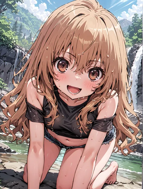 score_9, score_8_up, score_7_up, source_anime,
Taigaisaka, Aisaka Taiga,Alone, long hair, brown hair, brown eyes,ponytail,smile,open your mouth,Black T-shirt,belly button sticking,Tie the hem of the shirt,denim micro shorts,Bare legs,wet skin,wet hair, we...