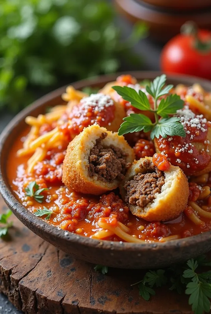 picture of typical Indonesian food called "cireng" which means fried tapioca, but with meat filling and bolognese cream sauce