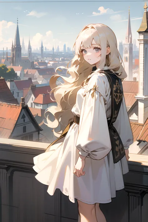 White-gold hair、Platinum Brand 、long hair、long wave hair、dark eyes、One cute girl 、noon、 medieval cityscape、Town Girl's Clothes 、civilian、pretty girl、 clear、 is so lovely、standing alone、