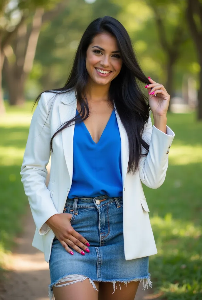 Generate a very realistic and natural photo of a 35-year-old Brazilian woman,  is a bit chubby, Very straight straight hair long black. light makeup, she's smiling she wears a white blazer and a bright blue blouse, Denim skirt showing her legs, with her ha...