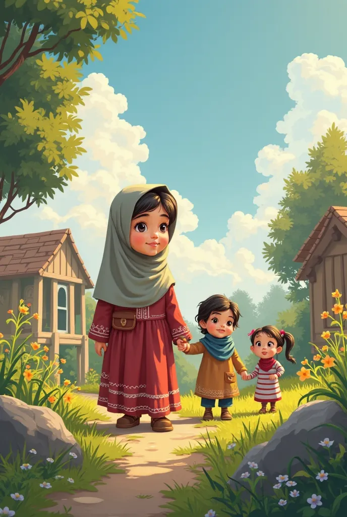 Little Zoya (Muslim girl) and her family 4 members (Muslim family) lived in a beautiful village and always played in her garden. digital illustration
