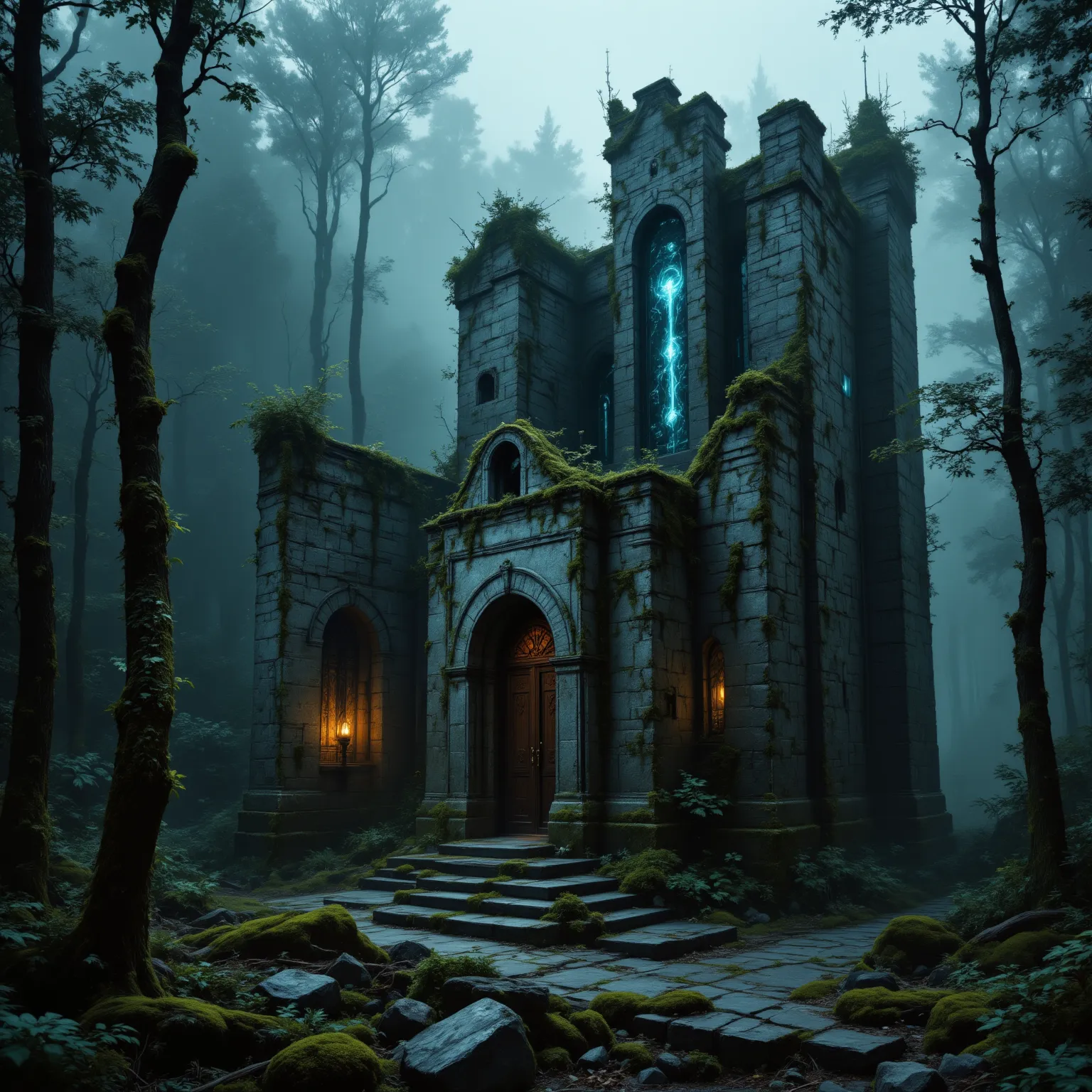 A small, mysterious post-apocalyptic retreat hidden deep within a dense forest, depicted in the Romanesque Fresco style combined with Brutalism. The fortress is a medieval stone hideout with thick, weathered walls covered in moss, featuring glowing neon ci...