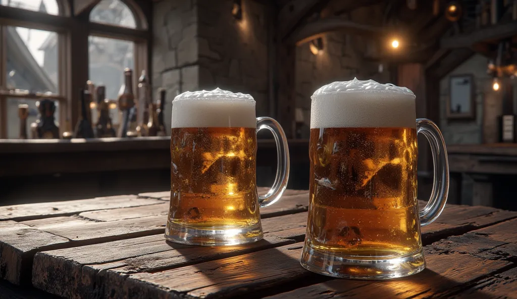 medieval inn on a wooden table with 2 cups of beer. Closeup.