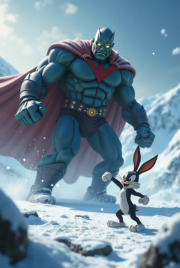 Omni man from the series Invincible punching Bugs Bunny in Antarctica