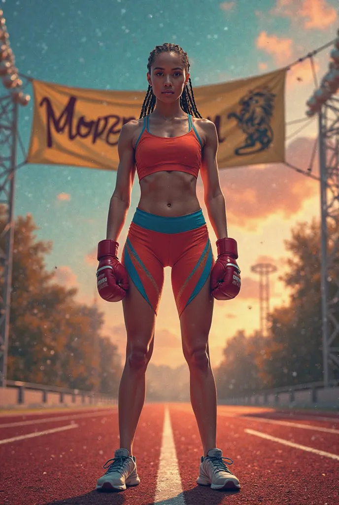 Femme de face habiller en tenue de sport jogging avec écris sur affiche morganou preparation de boost avec un lion et des gants de boxe 