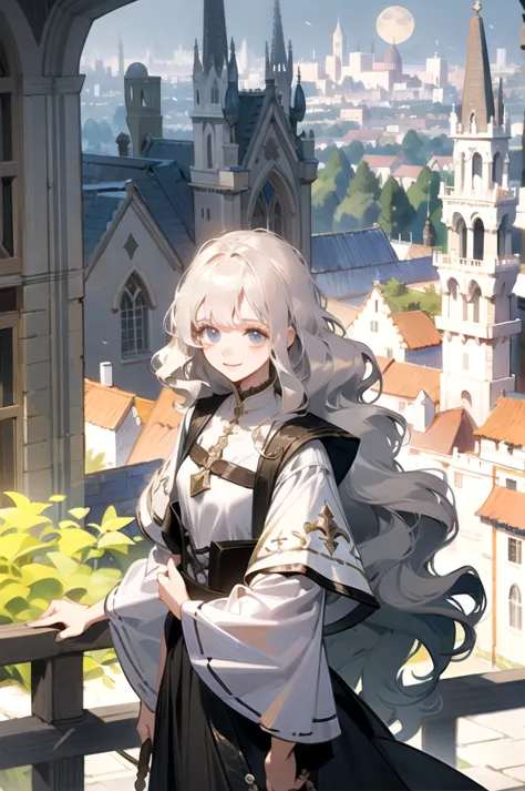 Moonlight hair、White-gold hair、Platinum Brand 、long hair、long loose wavy hair、dark eyes、One cute girl 、 Smile、noon、 medieval cityscape、Town Girl's Clothes 、civilian、pretty girl、 clear、 is so lovely、alone