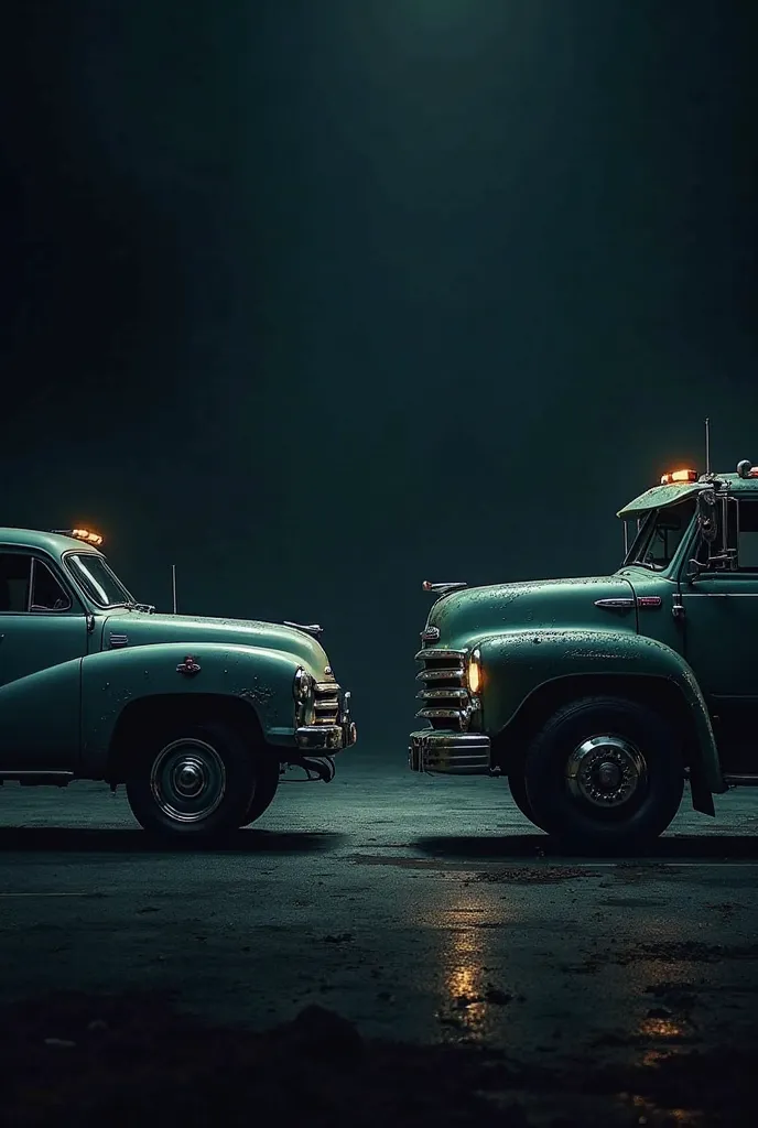 the car and truck in one photo are standing side by side on a dark background, the picture is divided in half