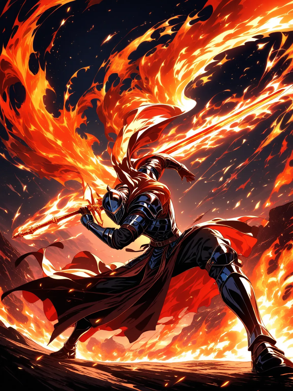 masterpiece, best quality, very aesthetic, 1boy, anime style, muscular build, swordsman, flaming sword, dynamic pose, intense expression, fire effects, glowing embers, detailed armor, flowing cape, battle scene, dramatic lighting, vibrant colors, high cont...