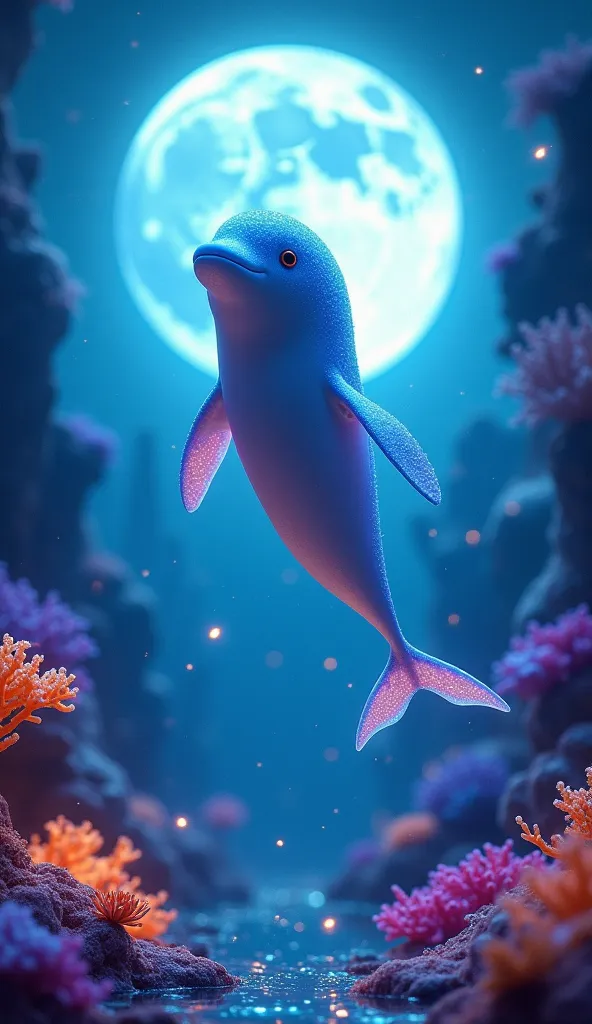 “A luminous finless porpoise swims through a glowing underwater paradise, surrounded by vibrant coral reefs in shades of blue, purple, and orange. The scene is illuminated by a giant radiant moon in the background, casting a magical glow. Tiny sparkling pa...