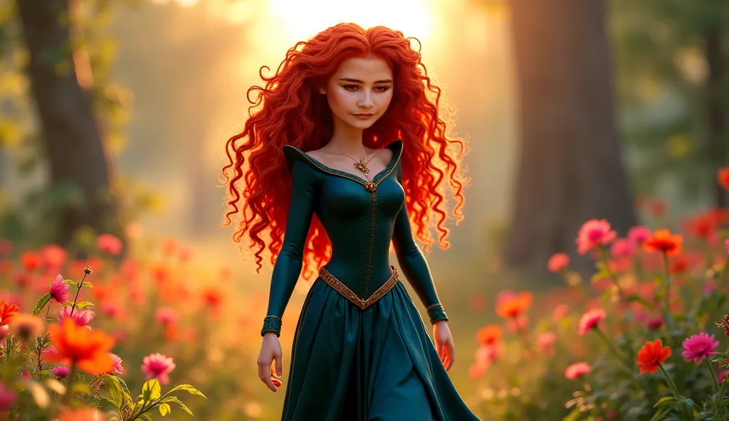 A highly realistic full-body. Merida Disney Princesses. Normal body, Curvy sexy body, big breast, big ass. Walking. She weain the garden. The lighting is warm and cinematic, casting a soft glow on her skin. Beautiful nature and flower. The image has a high...