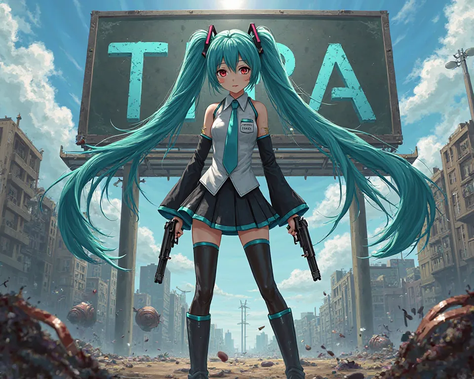 Hatsune Miku, whole full body portrait, holding two guns, zombie apocalypse theme, visible big background TIRA logo billboard on top, big name tag MAYUMI XIENT with effects on the lower picture