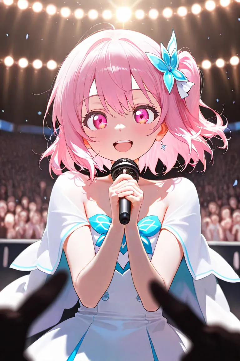 A girl,solo,
A dazzling otokonoko idol in a sparkly pink and white outfit, holding a microphone and smiling warmly at the audience. bright stage lights, surrounded by a sea of cheering fans.
upper body,
A Symphony of Light and Color,flat chest,
 ((score_9_...