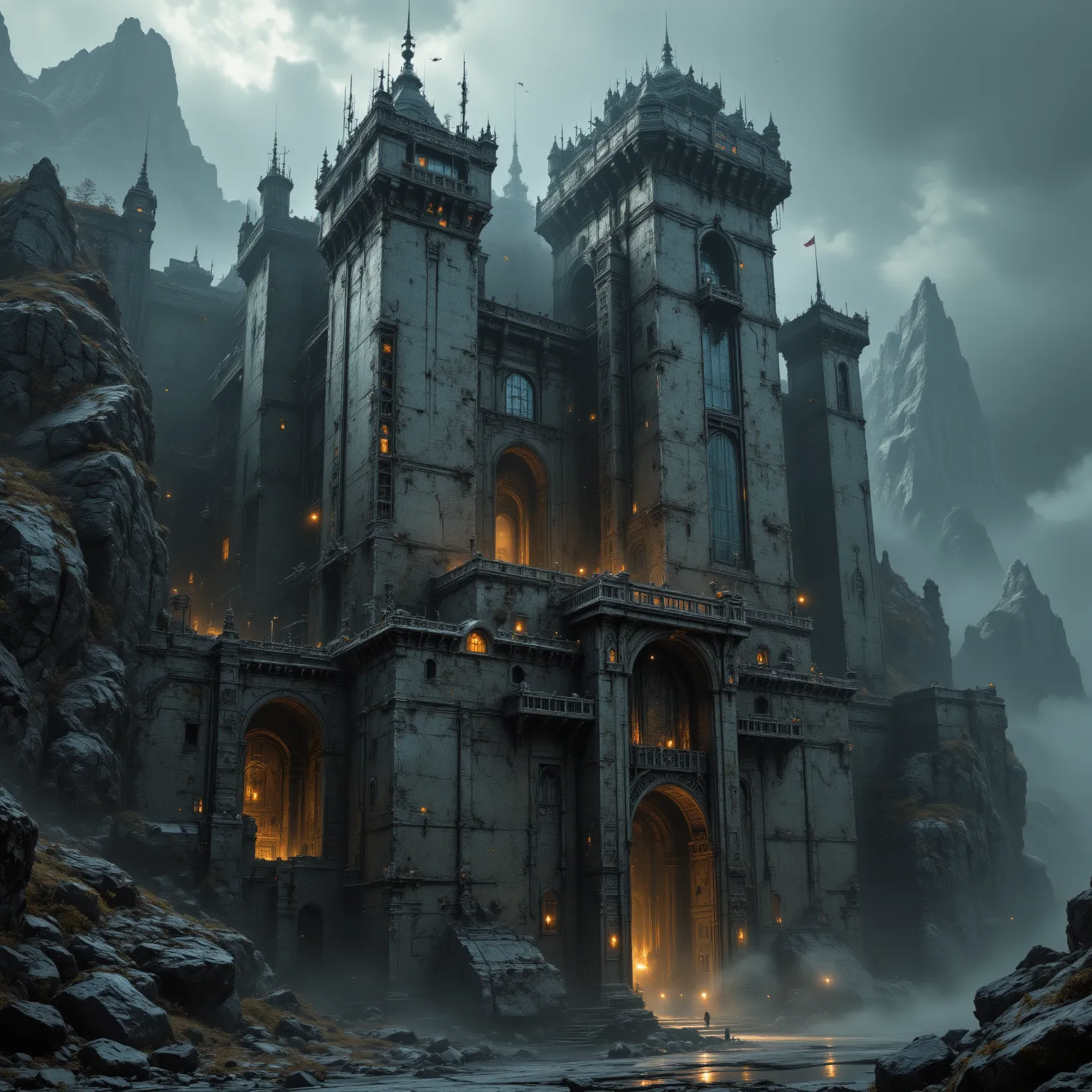 A massive post-apocalyptic fortress built into a rocky cliffside, designed as a modern high-security facility with medieval components. The structure features reinforced concrete walls integrated with ancient stone battlements, blending modern technology w...