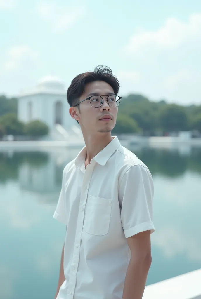 A young man wearing a glasses and white shirt is looking at a lake. At the far end of the lake is a white building. The lake is surrounded by a small white embankment.