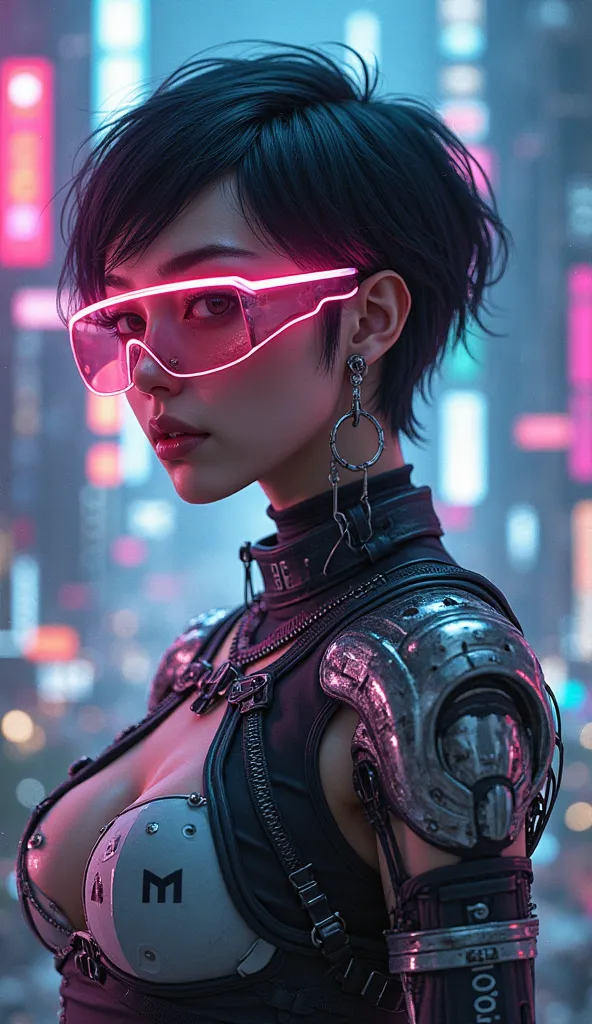 A cyberpunk-style cyborg girl with metallic implants on her skin, neon lighting, stylish AR-interface glasses, short hair, clothing with tech company logos, background — a futuristic city.