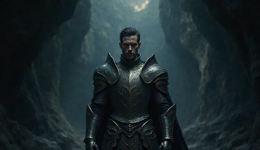 A prince full of armour in the cave at night 