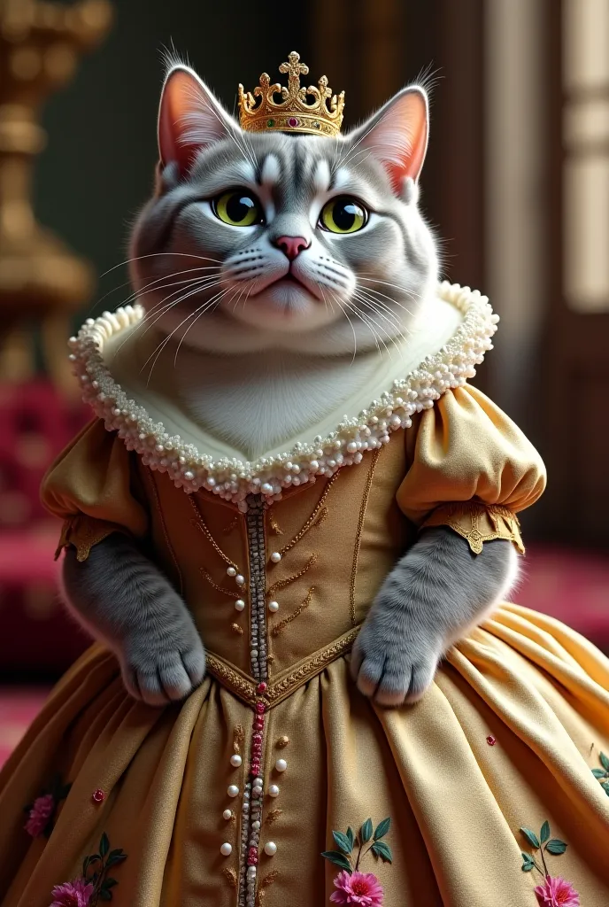 A silver-shaded Scottish Straight female cat with a round face, large expressive green eyes, and plush, dense fur. She has a compact, sturdy body, small rounded ears, and a sweet, inquisitive expression. Dressed in an elaborate Renaissance-era gown with pu...