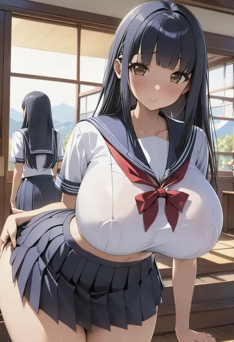 (master piece, best quality, detailed, absurd:1.2), Japanese woman turning her butt k, high school girl, (Long dark blue hair, Boring bangs), beautiful character design, perfect faces, Beautiful Eyes with Attention to Details, brown eyes, provocative face,...