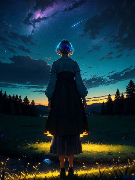 summer night, magical night, landscape photograph, from below, sky above and open field, (solo:1.2), a girl's side face, standing on grass field, looking up, full moon, shooting stars, nebula, a few cloud, mountain lines, trees, 
masterpiece, best quality,...