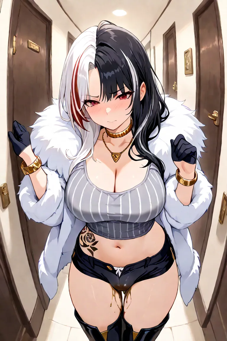 (( masterpiece)), better quality, amazing quality, nsfw, (masterpiece:1.2), (best quality:1.2), (very aesthetic:1.2), (absurdres:1.2), (detailed background), sexy figure, rsnndef, red eyes, white hair, black hair, two-tone hair, multicolored hair, long hai...