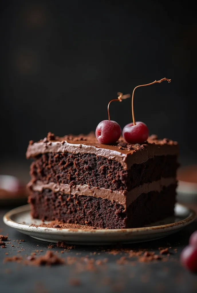 cinematic film still chocolate, chocolate cake, dark background, quality photo, moist texture, frosting, studio photo, slice . shallow depth of field, vignette, highly detailed, high budget, bokeh, cinemascope, moody, epic, gorgeous, film grain, grainy