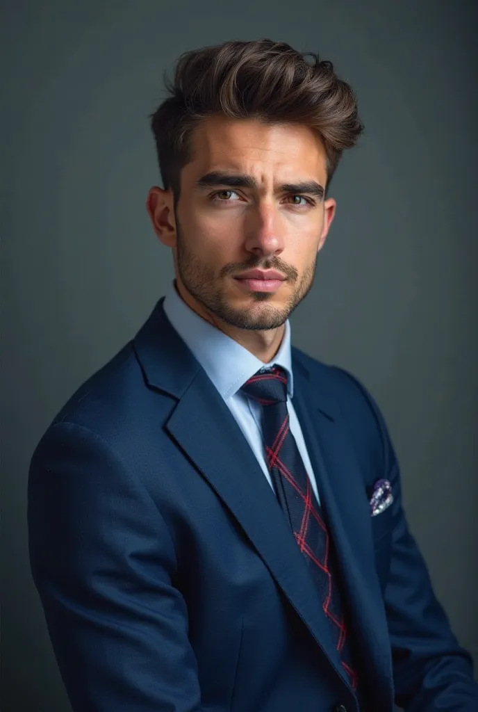 Un portrait en gros plan captivant dans un cadre professionnel comme un chef d'entreprise. Entrain de conduit une conférence des leaders. Un style jeune roi beau en costume bleue sur mesure dans une bonne posture et un regard serein bien coiffée. Prend mon...