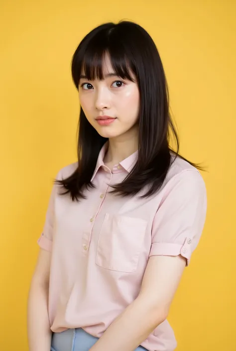 Create a realistic portrait of a beautiful Japanese idol girl in a cowboy shot. She has an elegant oval face, stunning eyes, and semi-long length black hair. Her physique is slim with a small chest and long legs. Dress her in fashionable spring attire agai...