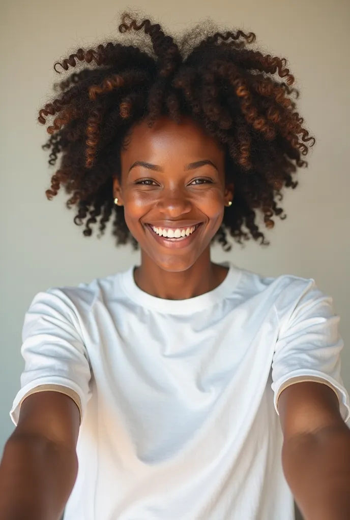 black woman smiling with open arms, wearing white t-shirt