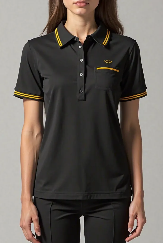 Make me a lay out for male and female uniforms it look like a entrepreneur polo uniform attire  the color is black and they have line yellow 