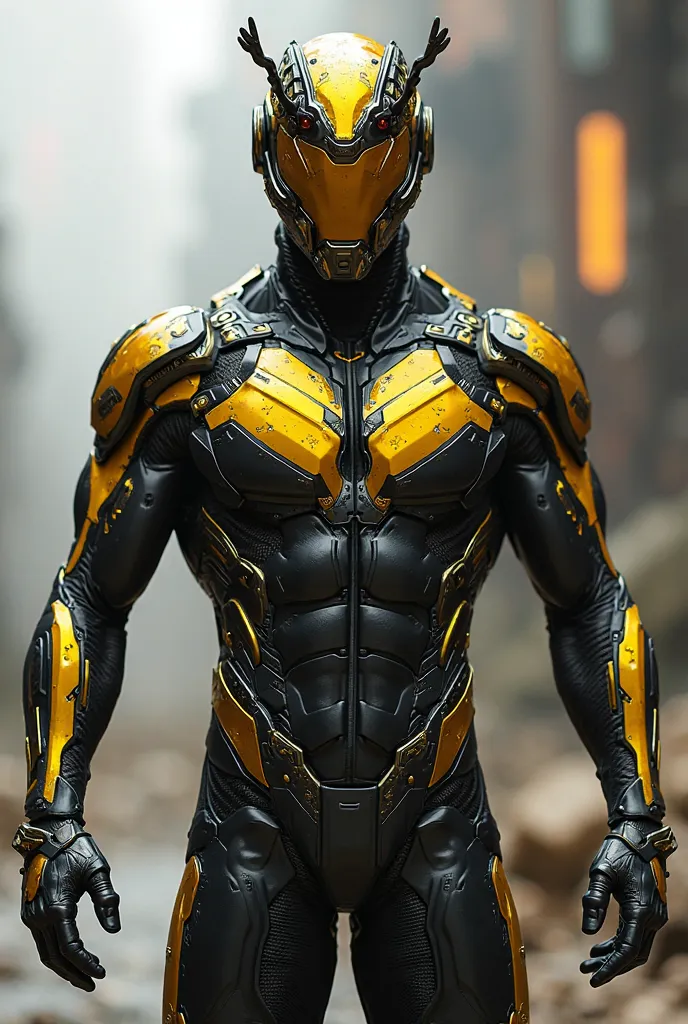 Gender Male, Dragonfly tech superhero suit, Black, Yellow stripes, Gold Armor. Tech helmet