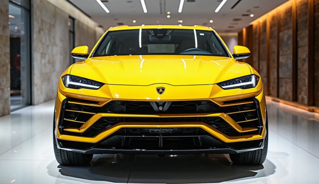 Full Straight Front View:
"A high-end luxury [2025 Lamborghini urus concept]in [yellow], showcased in an ultra-modern, brightly lit showroom. The camera captures an extremely close, full straight front view, highlighting the car's sleek grille, headlights,...