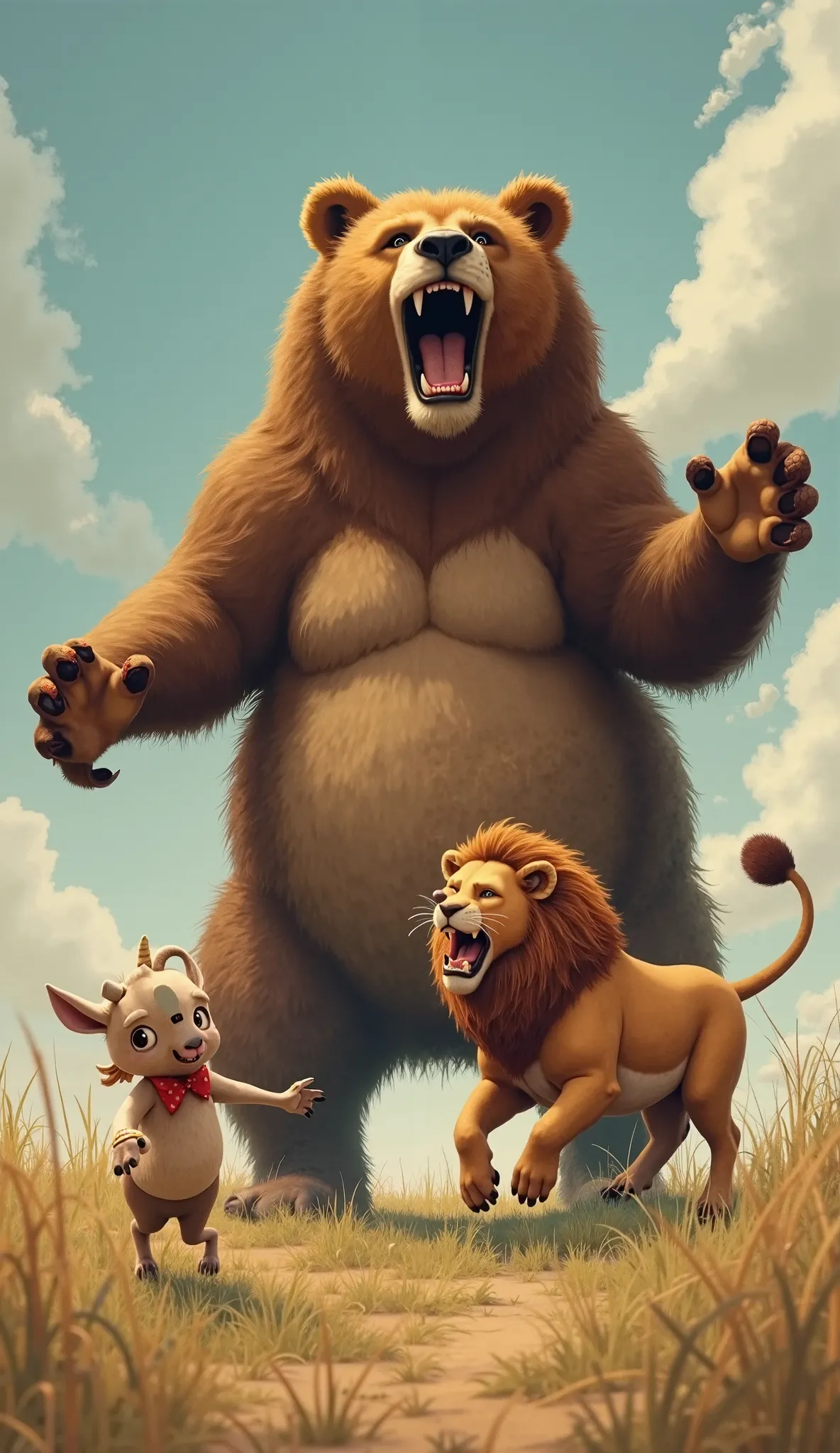 Scene 3: "A giant, strong bear suddenly jumps between the lion and the baby goat. The bear stands on its hind legs, roaring loudly, its massive paws spread wide in a defensive stance. The lion skids to a stop, surprised and slightly intimidated, while the ...