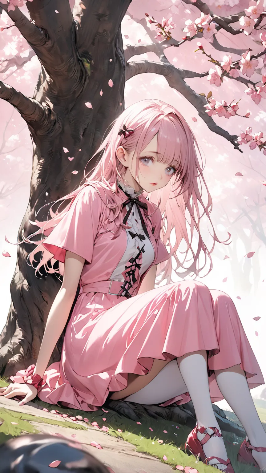 high image quality, masterpiece, Anatomically  accurate  ,  accurate,  top quality, high image quality model, high detail,   解剖学的に accurate ,   one girl sitting on the ground、Norman Rockwell & Tim Burton Style、cherry blossoms in full bloom、Cherry tree on o...