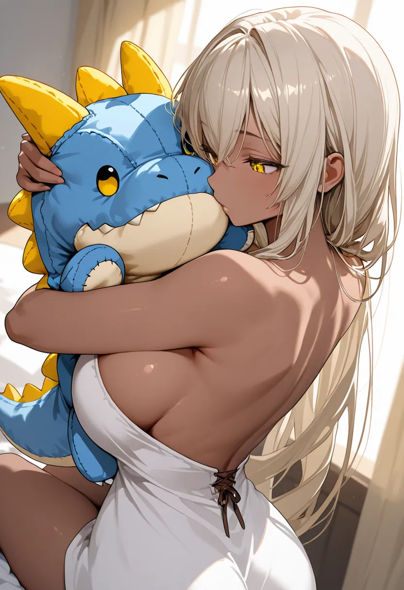 1 girl,dark skin,golden eyes,big breasts,holding hugging,from behind ,plush toy,plush dragon,cuddling,masterpiece