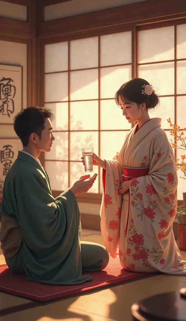 an japanese women giving a japanese man a glass of water , hyper realistic image 8k