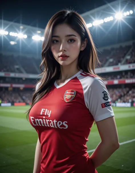 (清楚で超 beautyな巨乳の韓国人美女がアーセナルのユニフォームを着て立っている:1.2)(Laughing whistling :1.2)(汗ばんだbeautiful skin:1.1)(16k,  RAW photos , top quality, masterpiece: 1.2),(Beautiful bob cut:1.1) Super Detail, super resolution, (Genuine, Genuine photos: 1.37),  portraits, high res...