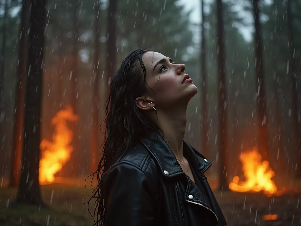 photoreal, forest, heavy rain, raining, dark, fire, aurora and fire, burning, Wildfire, beautiful white girl, 19 years old, crying, depression, wet and shinny skin, fleeting, wearing black leather, looking up at the sky, wet hair, wet clothes,