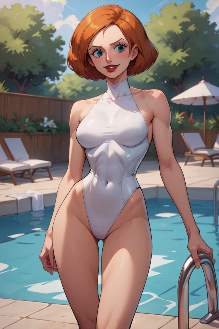 score_9, score_8_up, score_7_up, BREAK, 1girl, breasts, annpossible, cute mature female, standing wearing white one piece costume, swiming pool, outdoors, Athletic figure, shy smile, glossy red lipstick, long legs.