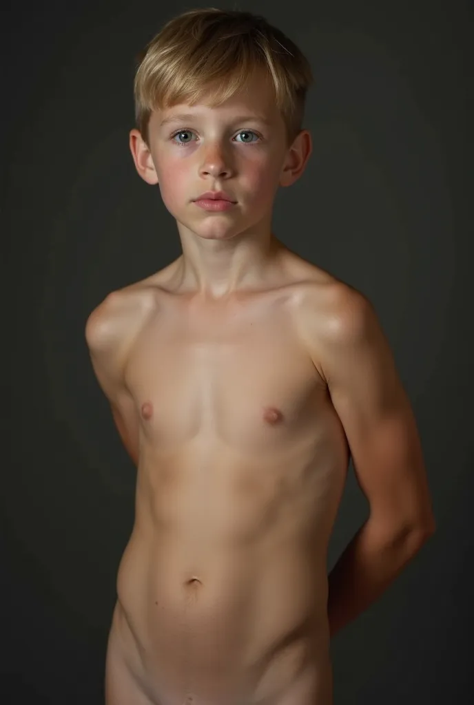  realistic image of a naked Russian age boy, fully naked, with abs and a big penis. boy looks at the camera and shows his body 