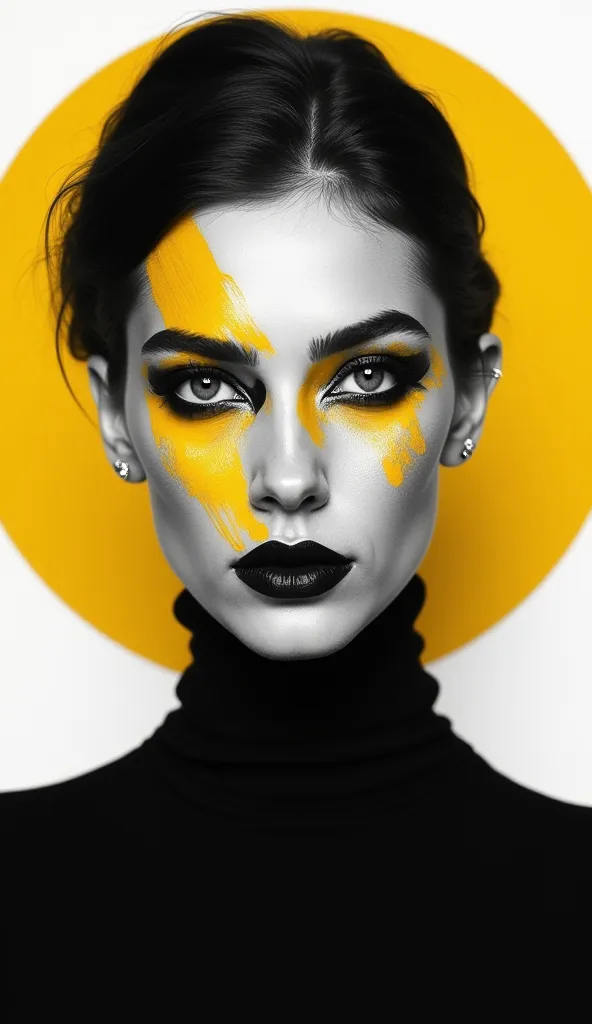 A black-and-white photograph of an elegant woman with mustard yellow and periwinkle paint brush strokes on her face. The background is a light mustard circle. The overall image has a minimalist style.