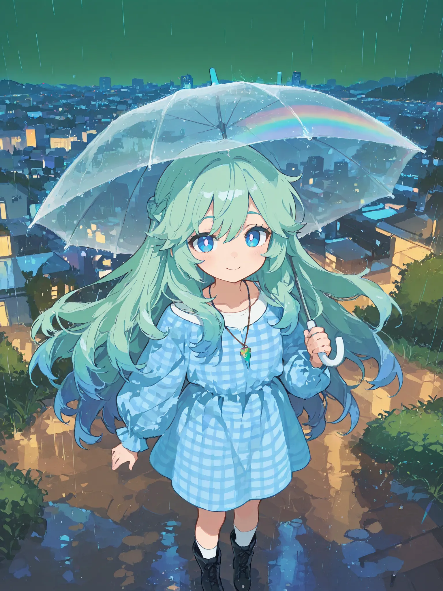 score_9, score_8_up, score_7_up, UHD, Masterpiece, From above, Lush green background, okmc, (Shoulder-length hair: 1.8), Half-up French braid hair, Blue gradient hair, Transparent Rainbow Umbrella, Girl holding an umbrella, Necklace with rice ball charm, A...