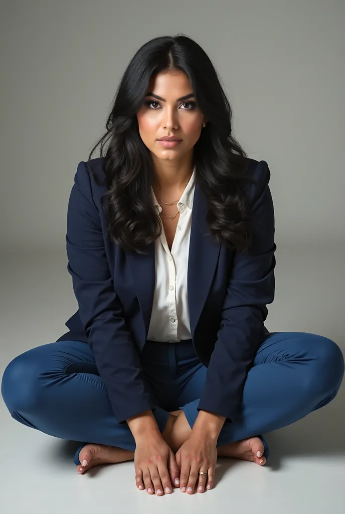 Generate a very realistic and natural photo of a 35-year-old Brazilian woman,  is a bit chubby, Very straight straight hair long black. light makeup, This series wears a dark blue blazer white blouse, blue pants showing the legs,sitting almost lying on the...