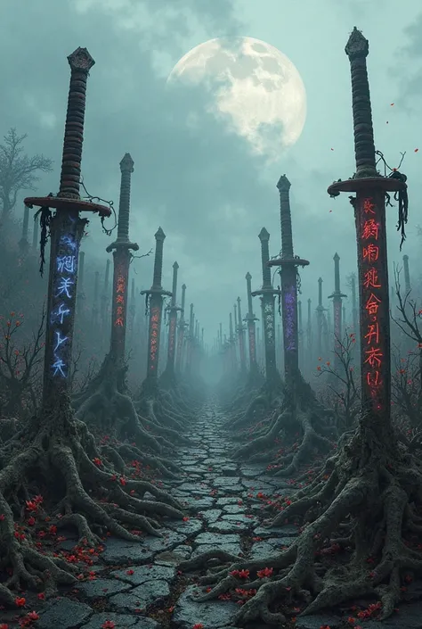 "A sprawling, ancient Japanese graveyard stretching across a windswept hill, cloaked in a swirling, ethereal mist that clings to the ground like a shroud. The scene is littered with the skeletal remains of towering oni, their horned skulls and jagged claws...