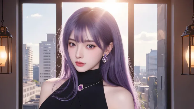 Masterpiece, Best Quality, Top Quality, Very Detailed, A breathtaking anime-style illustration of a mysterious woman with long, flowing purple hair that shimmers under the soft daylight. She has striking violet eyes, partially hidden by her bangs, giving h...