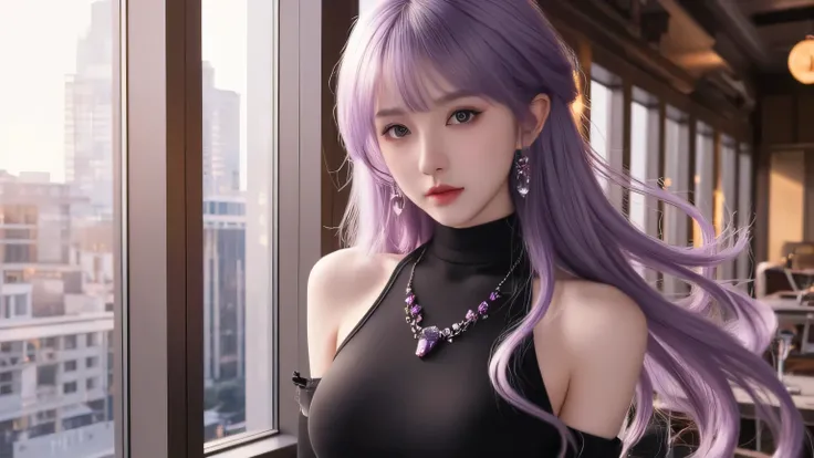 Masterpiece, Best Quality, Top Quality, Very Detailed, A breathtaking anime-style illustration of a mysterious woman with long, flowing purple hair that shimmers under the soft daylight. She has striking violet eyes, partially hidden by her bangs, giving h...